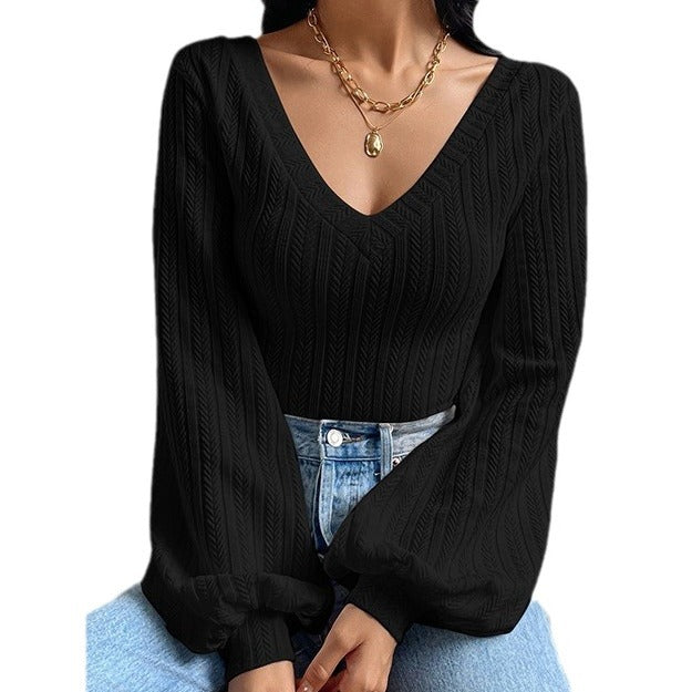 Puff Sleeve Shirt Slim-fit Elegant Twist Knitted Long-sleeved Top