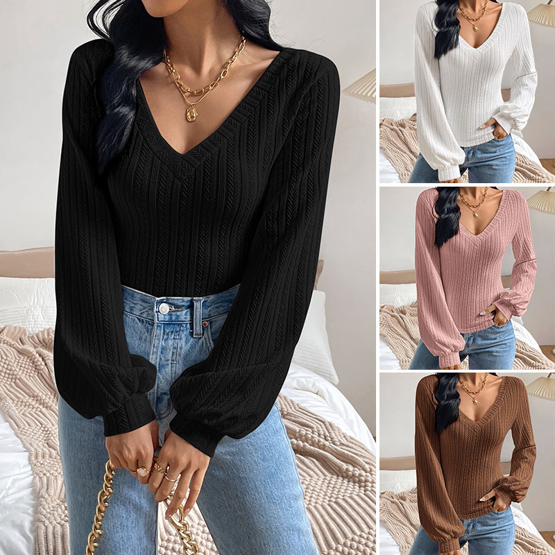 Puff Sleeve Shirt Slim-fit Elegant Twist Knitted Long-sleeved Top