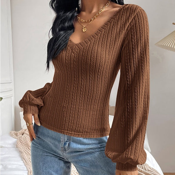 Puff Sleeve Shirt Slim-fit Elegant Twist Knitted Long-sleeved Top